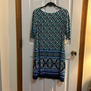 Eliza J Shift dress; size 12; blue, green & white.